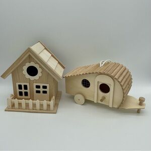 Wooden Birdhouse + Camper Set in Natural Wood Tone